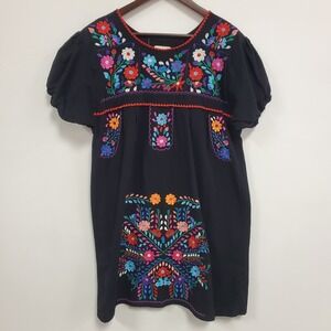 Yzxdorwj Womens Bohemian Floral Embroidered Dress Size 3XL Black Puff Sleeve